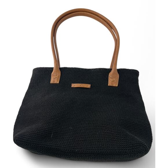 Woven Knit Purse Bag Shoulder Leather Black Brown Medium Sized Frank Johnny - Picture 1 of 5